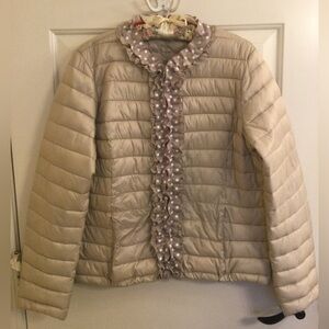Camomilla Italia Beige Quilted Jacket with Ruffle Trim